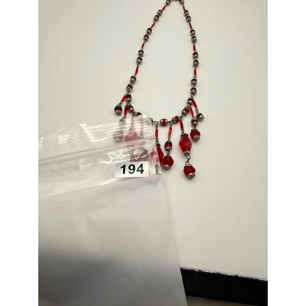 Vintage Red Glass‎ Fringe Bib Necklace Silver Tone Beaded Art Deco